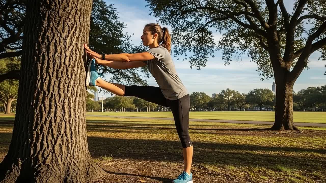 A Young Woman Engages in Stretching Exercise Against a Tree in a Sunlit Park, Emphasizing Fitness and Outdoor Wellness Activities