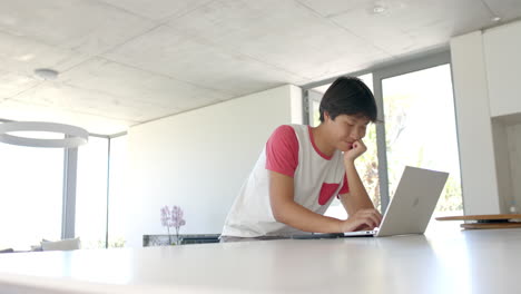 teenage asian boy studying intently at a home office with copy space