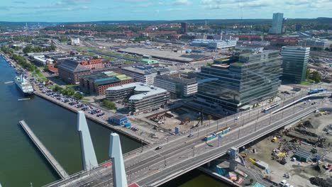 aerial over the newly built hisingsbron bridge over gota alv river in gothenburg city, sweden