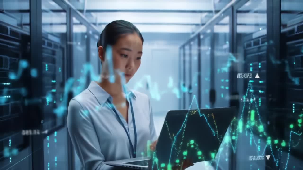 A focused woman analyzes digital data on a laptop in a high-tech server room, visualizing complex graphs and data streams while working on innovative technological solutions