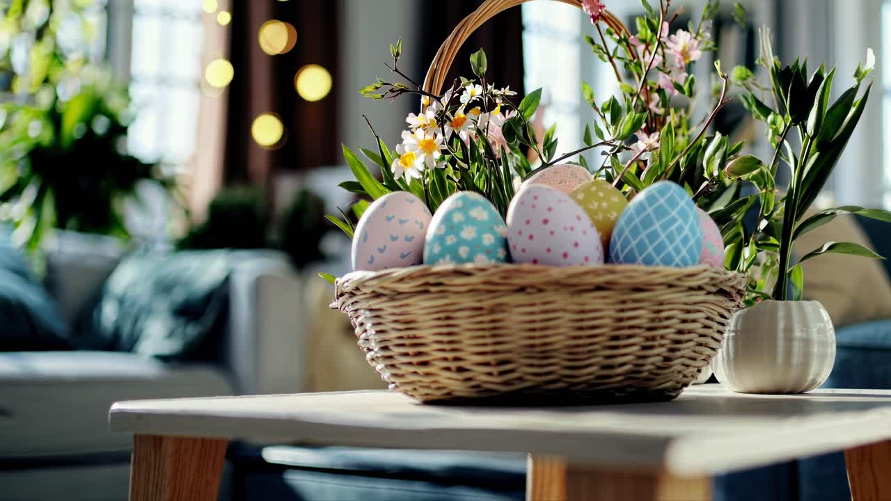 A cozy video scene of a wicker basket with colorful Easter eggs on a table, captured from a low