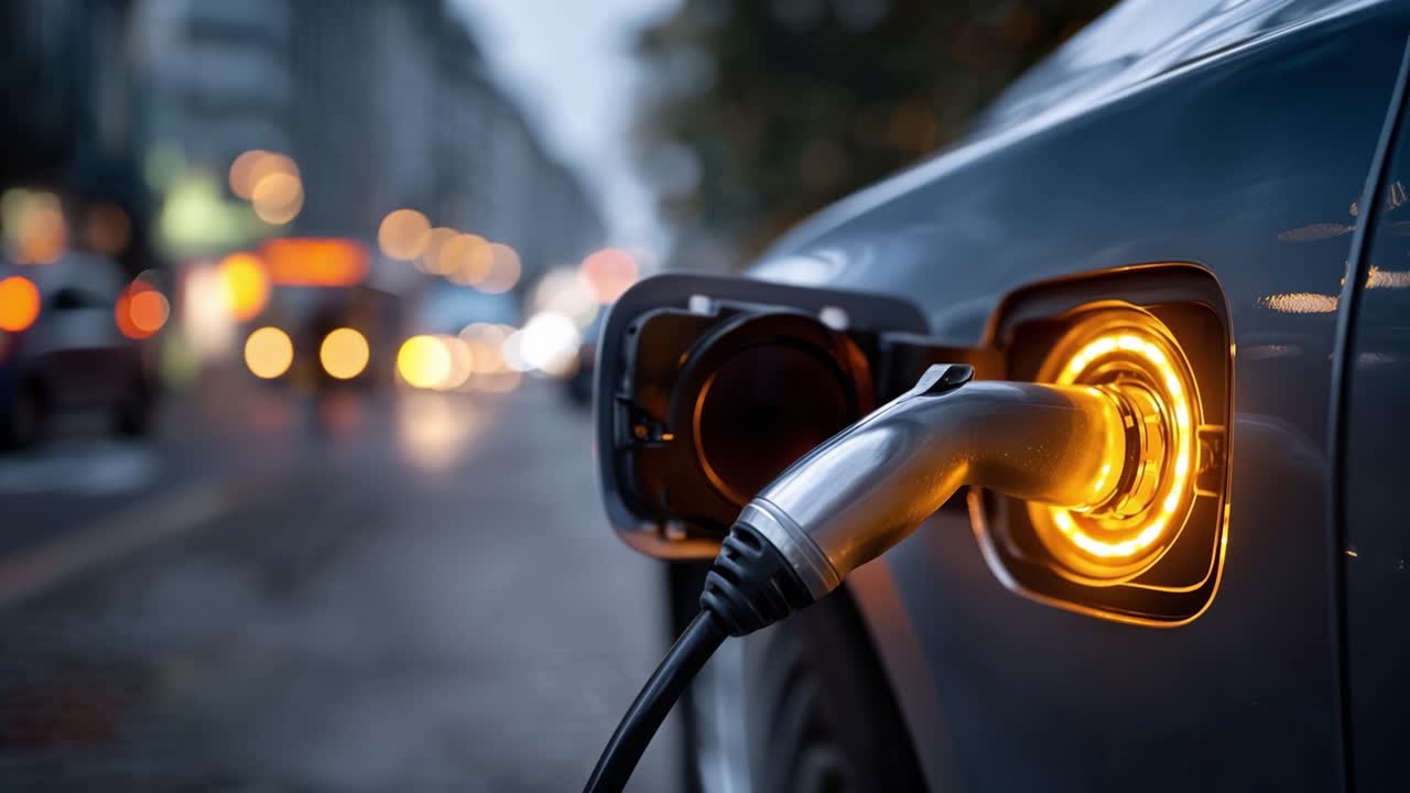 Gece Şehir Sokağında Şarj Olan Elektrikli Araba