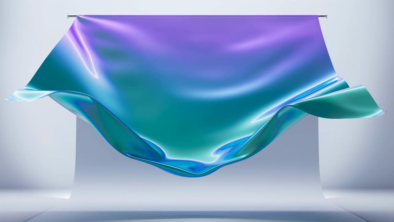 Chronological material study spanning early to final frames: iridescent silk-like fabric suspended near upper frame drifts from initial center dip and curled