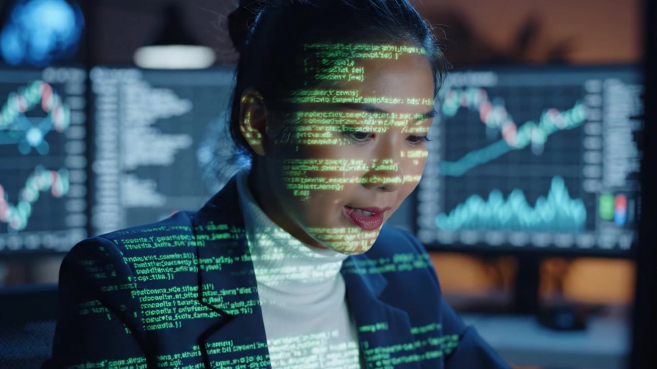 A focused analyst examines complex data projections as code illuminates her face, revealing the intersection of technology and finance in a modern trading environment.