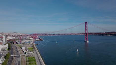 drone shot of the big bridge in lisbon.