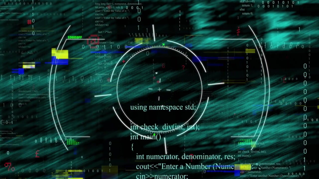 At startup reticle rotating, code streaming, glitch flashing, HUD pulsing showing processing