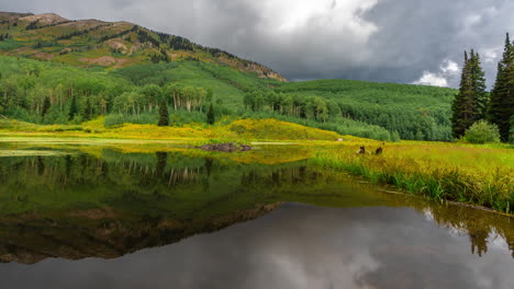 timelapse of scenic mountain landscape and clouds moving above green hills and lake