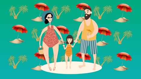 animation of happy family at beach on green background