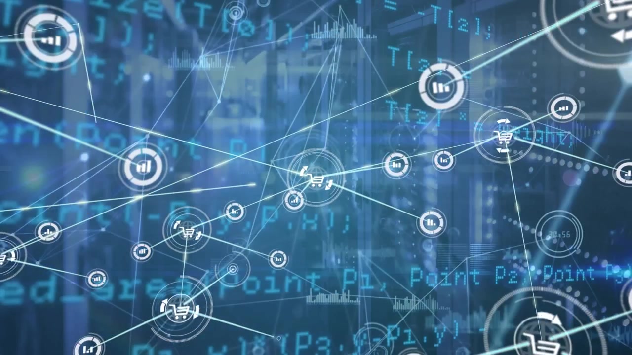 Animation of connected icons, programming language, graphs, lens flares against server room