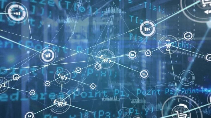 Animation of connected icons, programming language, graphs, lens flares against server room