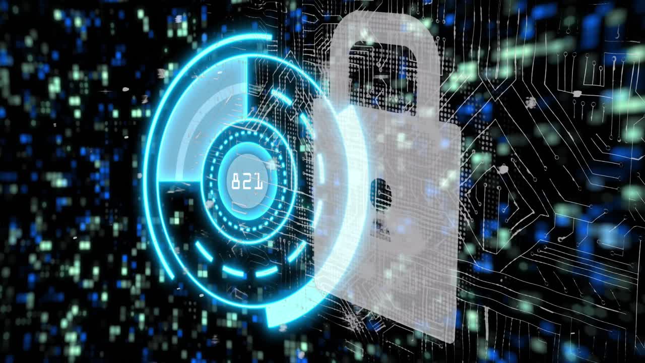 animación del escaneo del alcance con procesamiento de datos sobre el icono del candado y las columnas móviles