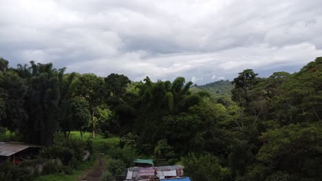 Drones-Aéreos-Inclinados-Sobre-Casas-De-Pueblo-Rodeadas-De-Densos-Bosques-En-La-Ciudad-De-Coatepec,-Veracruz,-México-En-Un-Día-Nublado