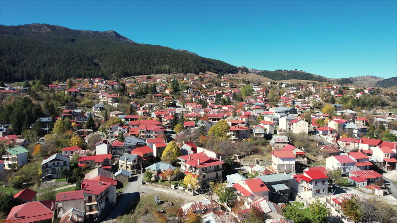 Samarina Village in Grevena Greece, Aerial Dolly Panoramic View of Traditional Mountain Town