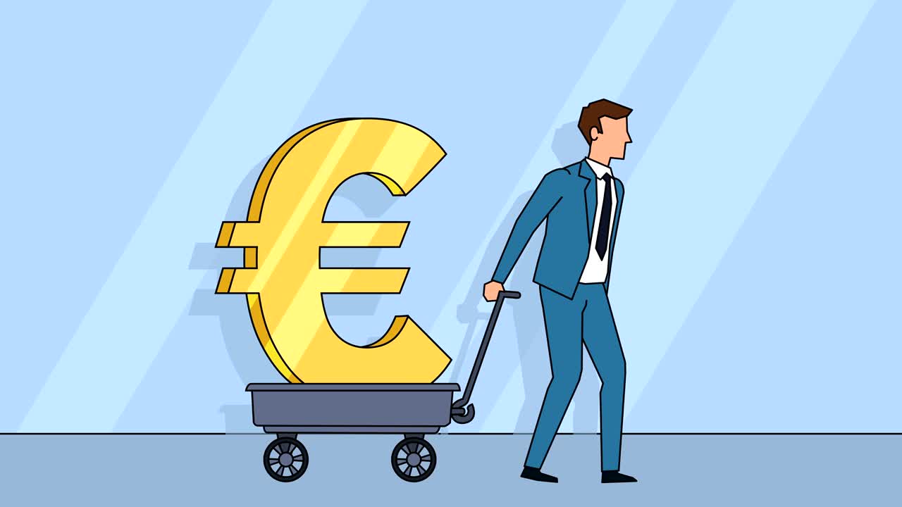평평한 만화 사업가 캐릭터는 유로 표지 돈 개념 애니메이션을 알파 매트와 함께 카트를 끌고 있습니다.