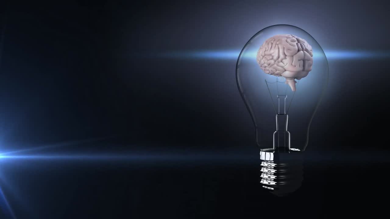 Animation of light bulb with human brain and copy space