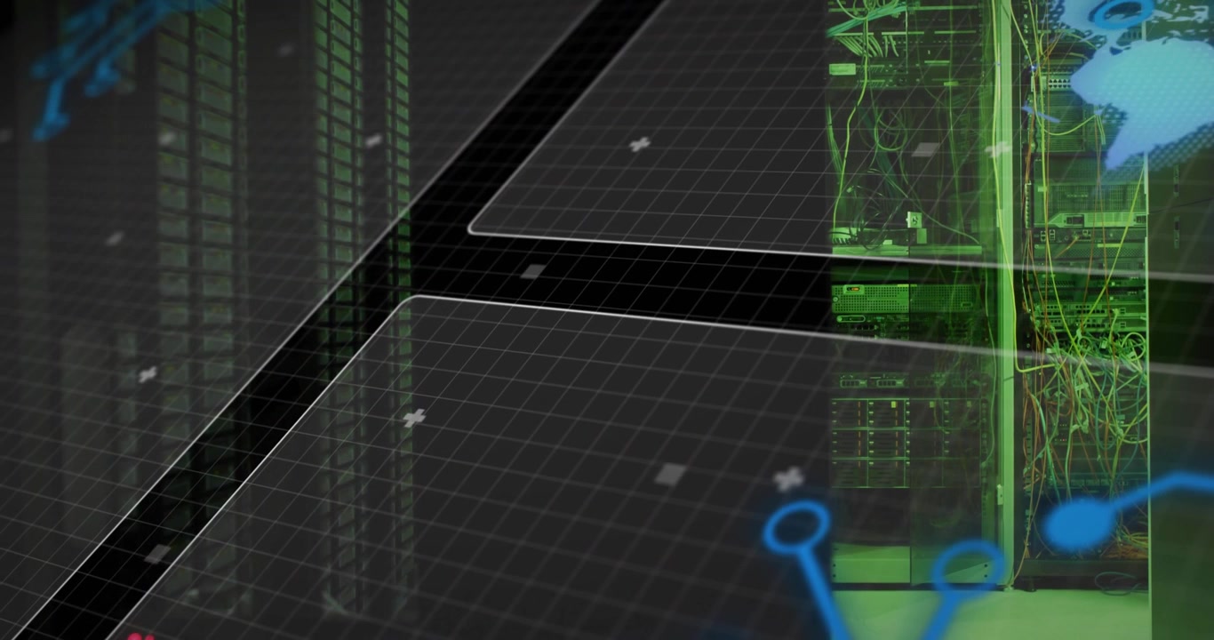 Upon startup 3D grid planes pulsing code animating blue node network mapping over server rack