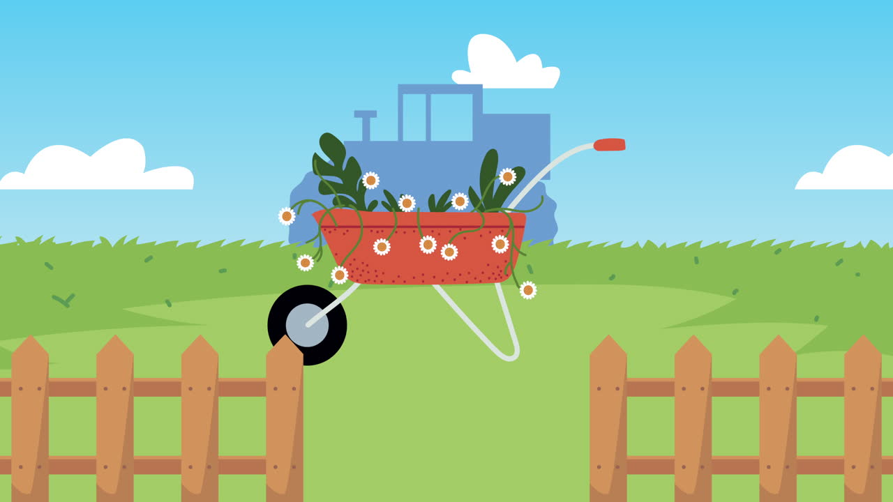 바구니 와 꽃 을 가진 농장 장면