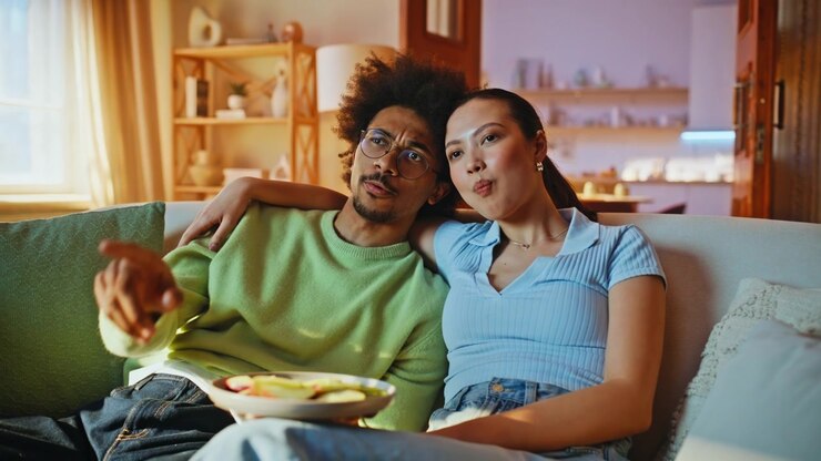 Blandet par spiser frugt på sofa. Kæreste fodrer kæresten mens de ser TV
