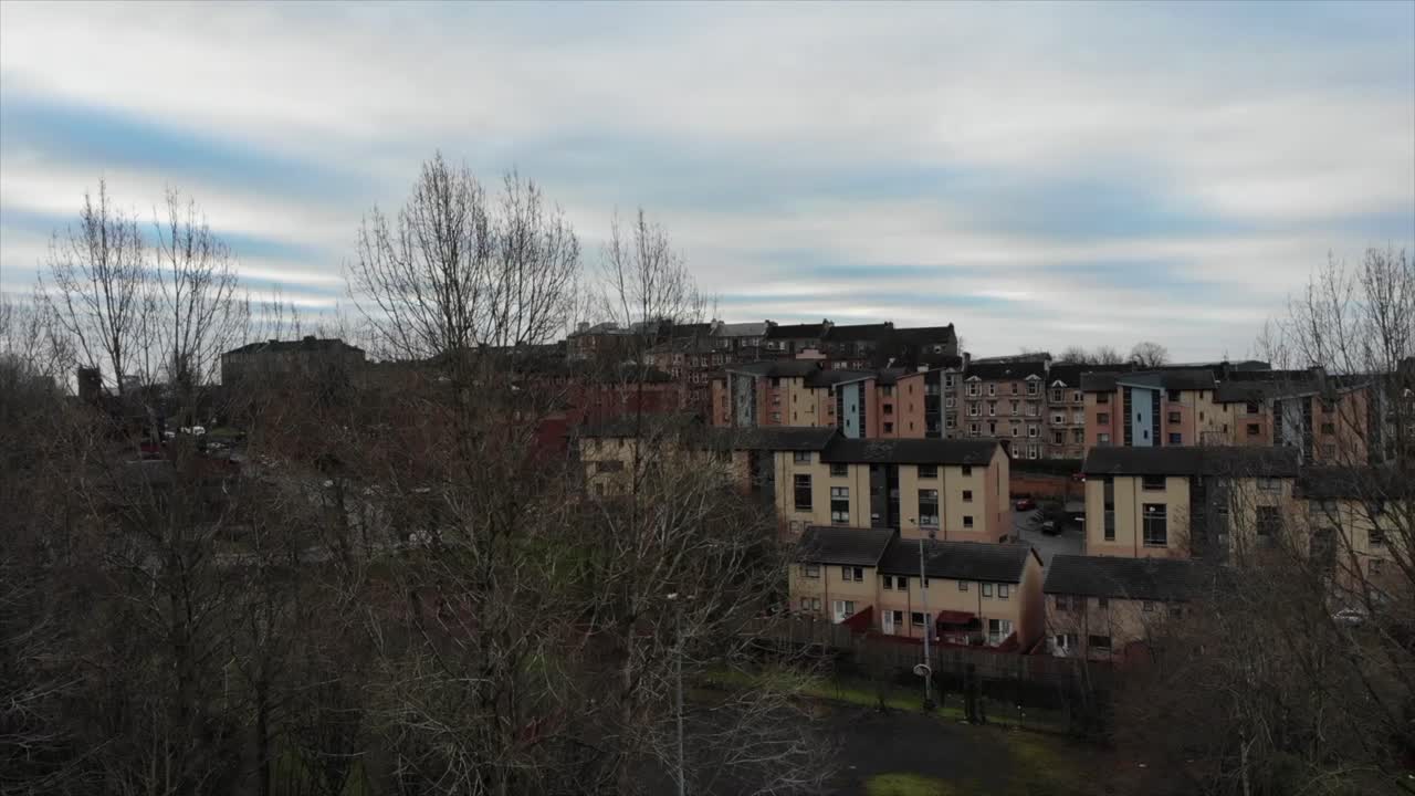 Aerial View of Glasgow's residential area West Side on a Cloudy Day in Scotland, UK