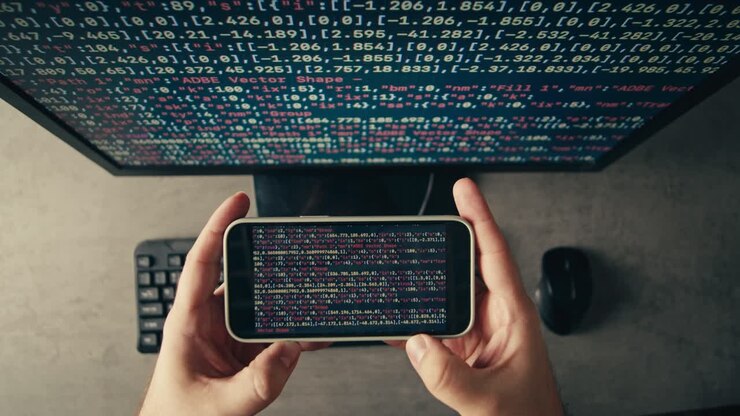 Person holding a phone displaying code next to a computer screen showing code.