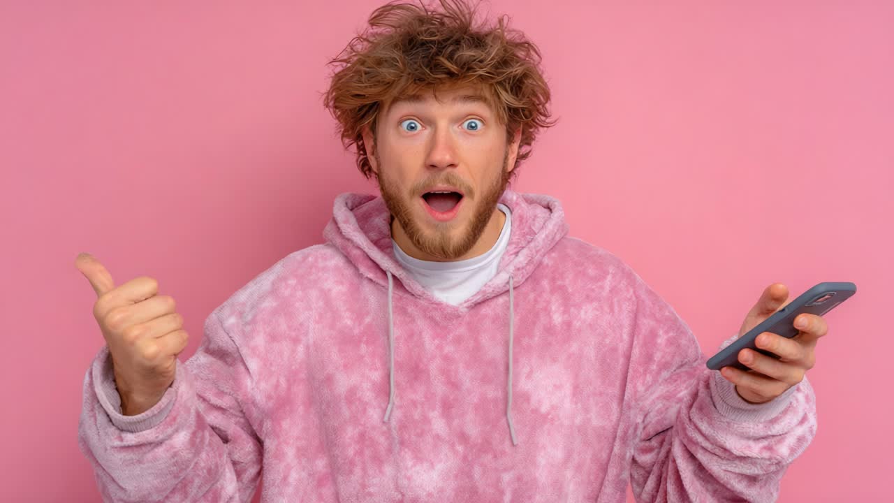 A Young Man Expresses Pure Joy with Excitement, Giving a Thriving Thumbs-Up While Holding His Smartphone, Surrounded by a Soft Pink Background