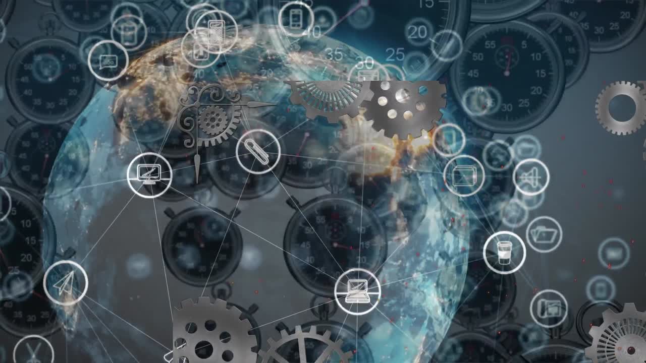 анимация глобальной сети медиа-икон и обработки данных над падающими часами