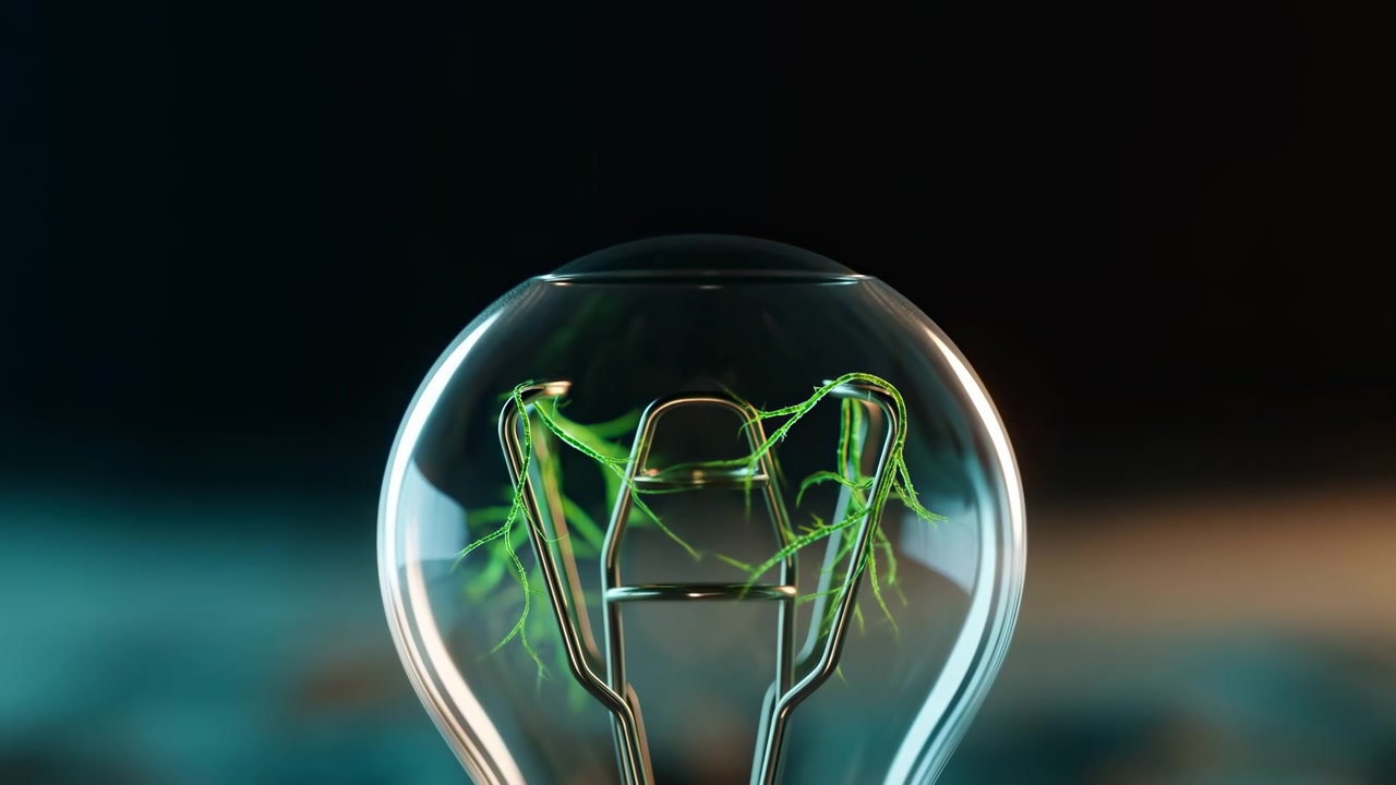 Germogli verdi freschi si estendono attraverso la struttura interna in filo della lampadina da fotogramma a fotogramma, mentre il vetro curvo cattura riflessi luminosi sopra una superficie verde acqua e ambra delicatamente sfocata