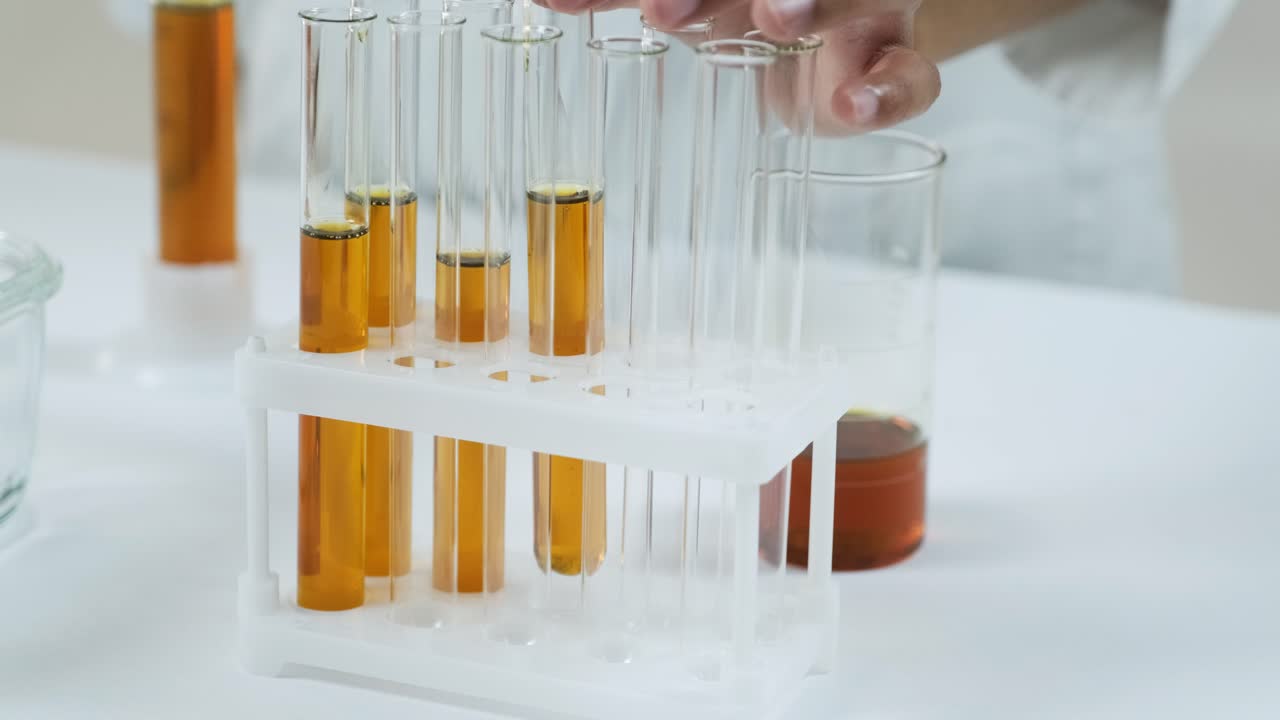 실험실 에서 실험 튜브 를 사용 하는 과학자