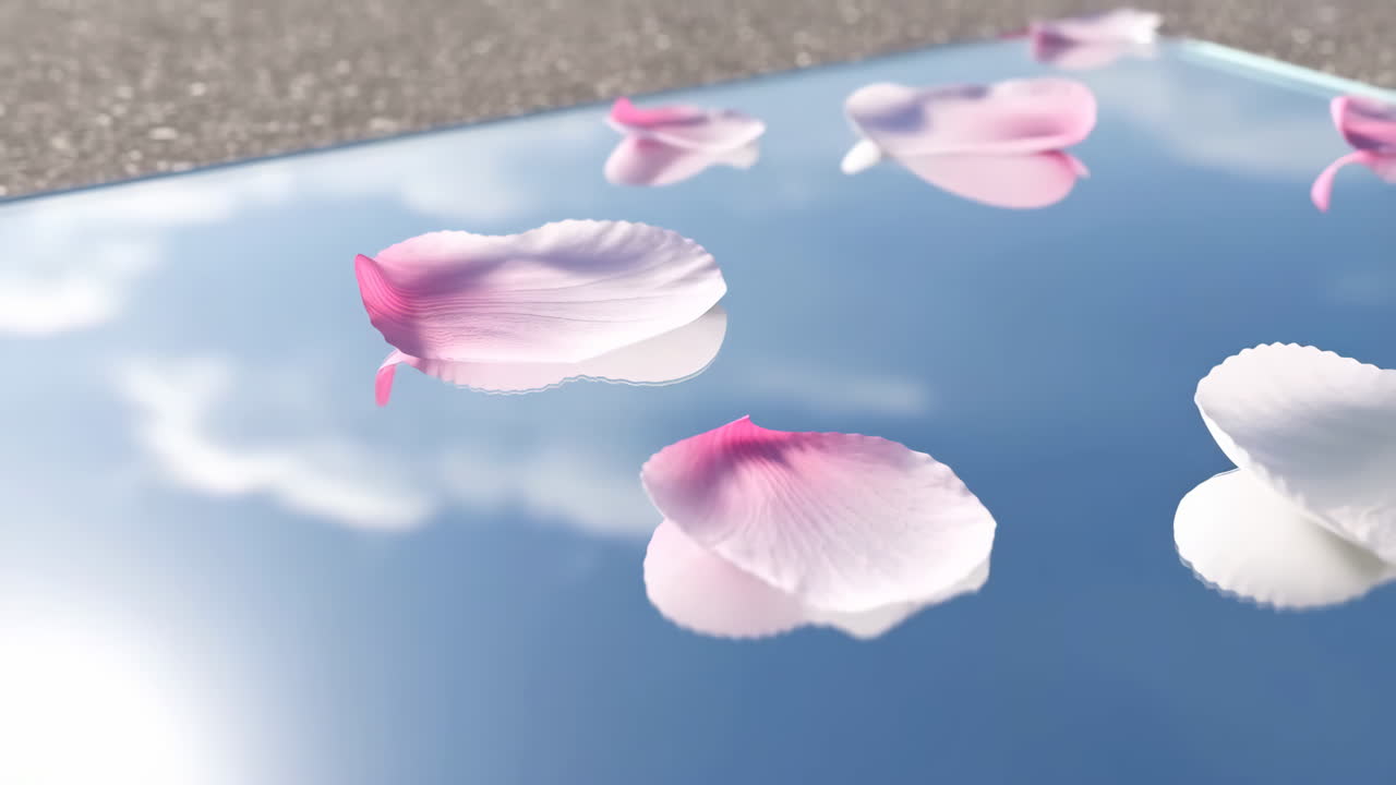Delicate flower petals reflecting the sky on a mirrored surface