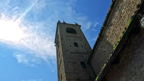 aerial view of church tower against blue sky