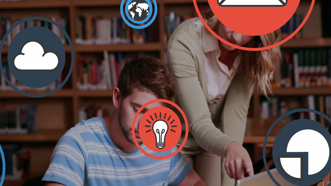 animación de icono en círculos sobre compañeros de trabajo caucásicos discutiendo informes en la computadora portátil