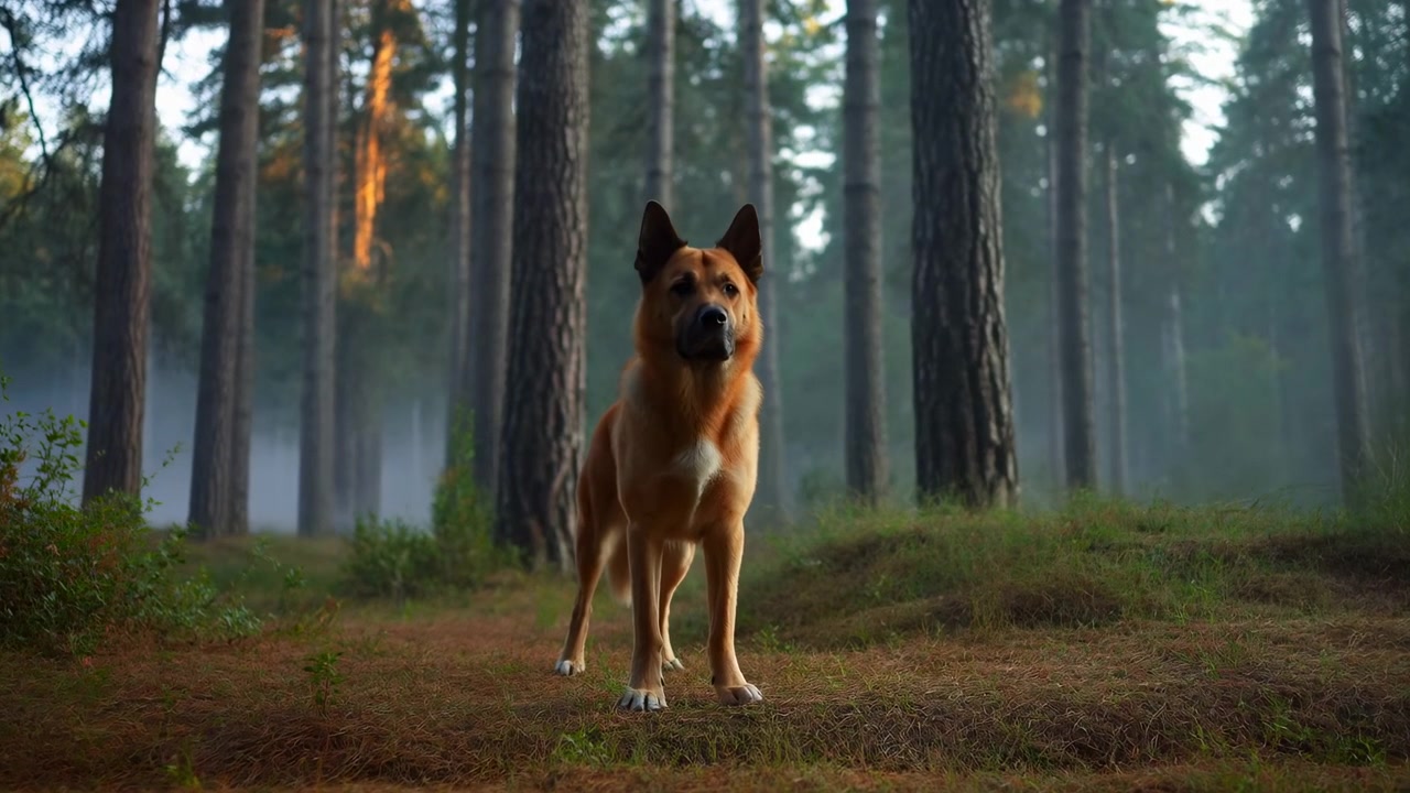 Cane a figura intera rimane immobile con orecchie dritte e muso nero tra alberi alti, mentre una nebbia leggera pende tra i tronchi e una calda luce laterale illumina la pelliccia marrone e il terreno della foresta