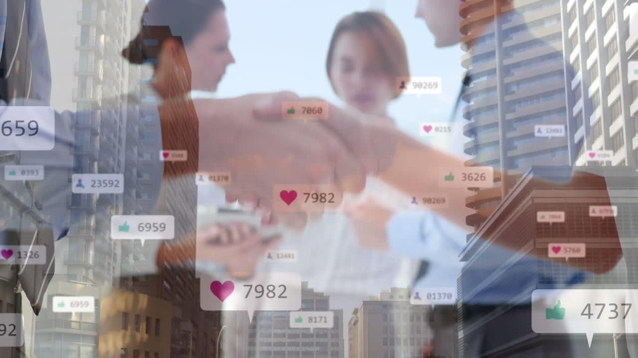 비즈니스맨과 비즈니스맨이 손을 흔들고 있는 중간 섹션 위에 증가하는 숫자를 가진 디지털 아이콘