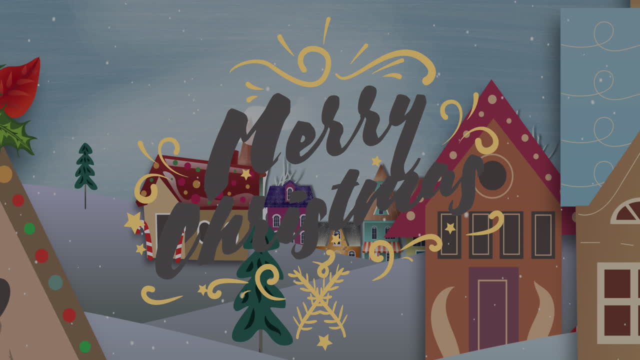 animación de saludos de navidad texto sobre paisaje de invierno con decoraciones.