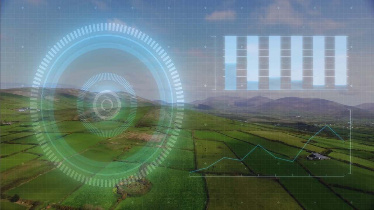 Circular digital interface floating over green farmland while bar charts and line graph updating
