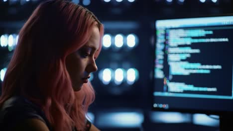 a focused moment: a young woman with pink hair concentrates on her computer screen, engaged in coding or digital work in a low-light environment