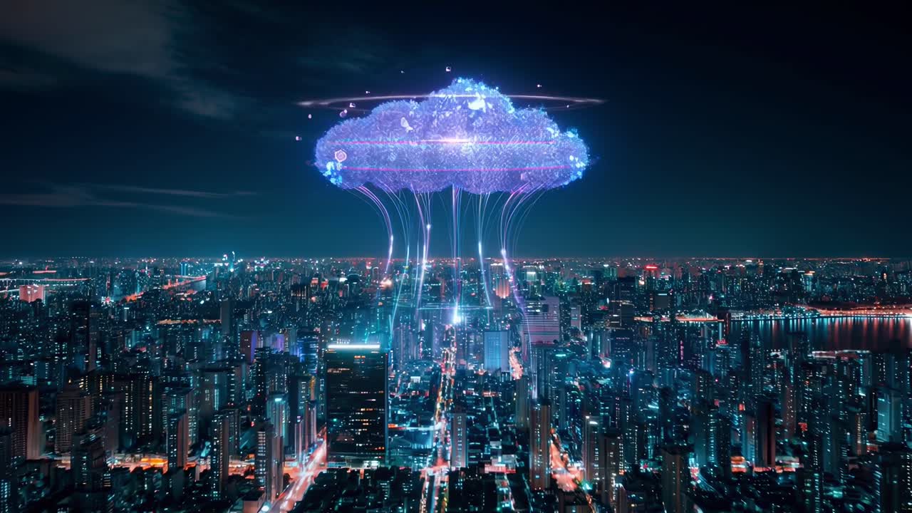 Futuristic cityscape with digital cloud overlay, aerial angle. Perfect for tech video. Live desktop
