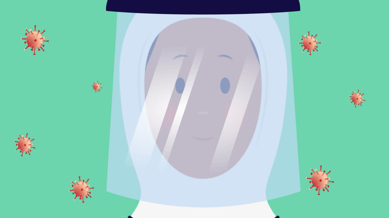 анимация женщины с щитом на лице над клетками вируса covid-19, движущимися