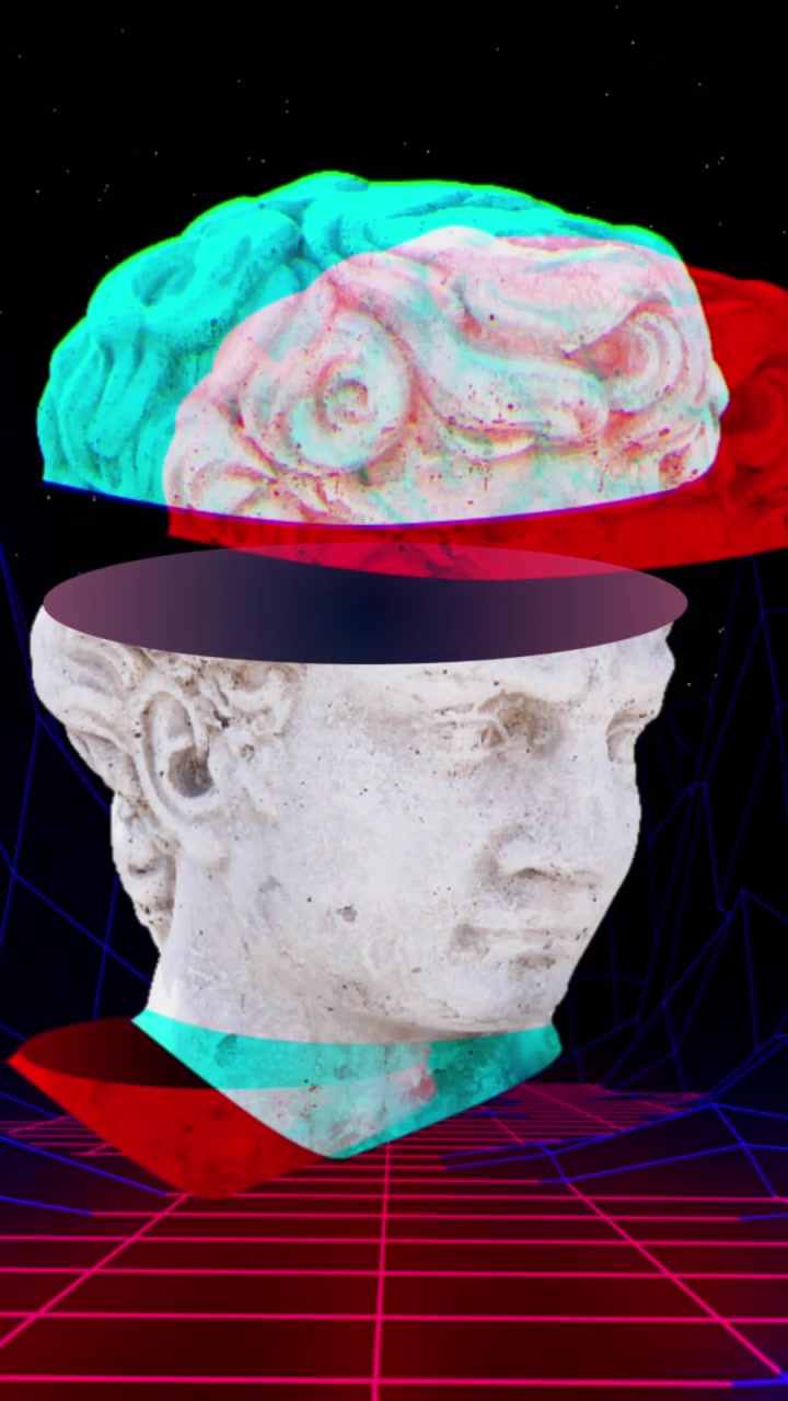 Animación de escultura de cabeza antigua con fondo de cuadrícula de metaverso