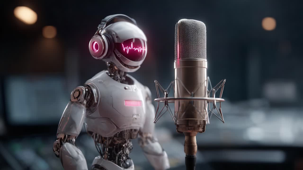 A futuristic robot stands poised before a vintage microphone, showcasing advanced technology and audio capabilities in a modern studio environment, ready to bring sound to life
