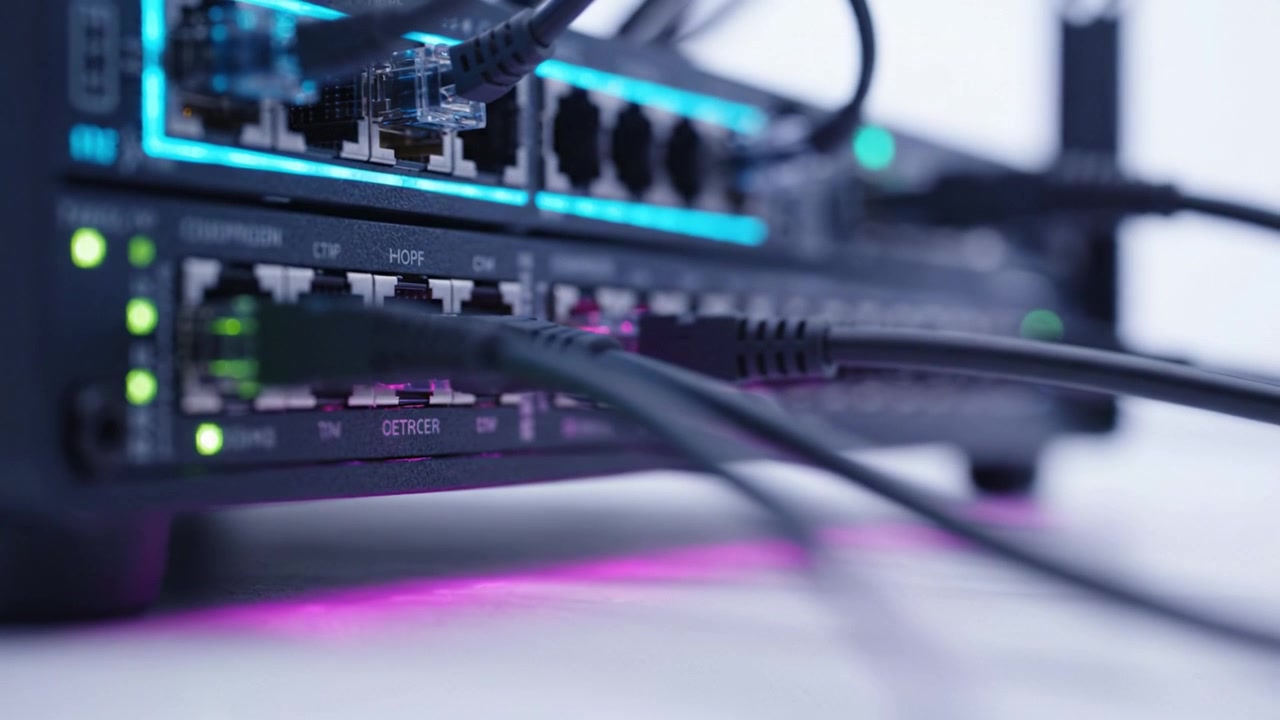 Close-Up of Network Equipment with Colorful LED Indicators and Cables Highlighting Modern Connectivity and Data Transmission Technology in Operation