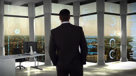 businessman in office with futuristic city background