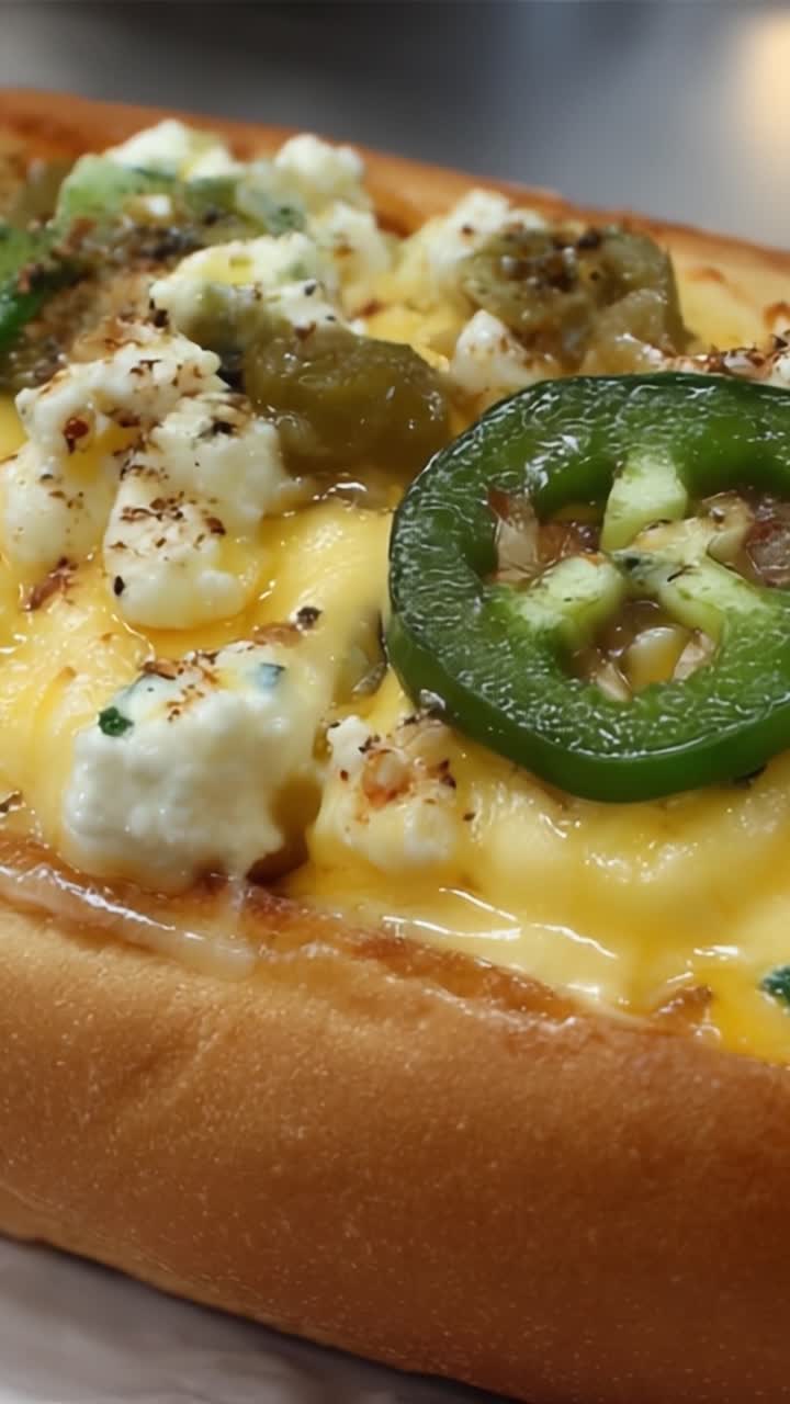 絶品グルメ、チーズとハラペーニョをトッピングしたパン料理：クリーミーなチーズ、スパイシーなハラペーニョ、食欲をそそるトッピングが完璧に焼き上げられた、よだれが出るような一品