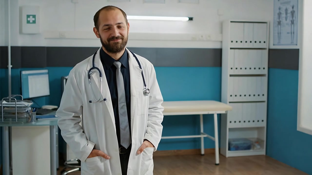 Cámara avanzando en una clínica, médico con estetoscopio y bata sonriendo para saludar al paciente.