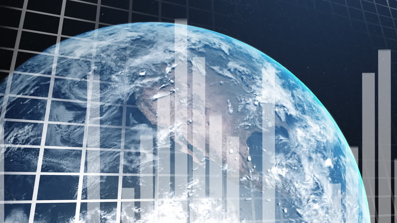 데이터 처리의 애니메이션과 파란색 배경 위의 지구