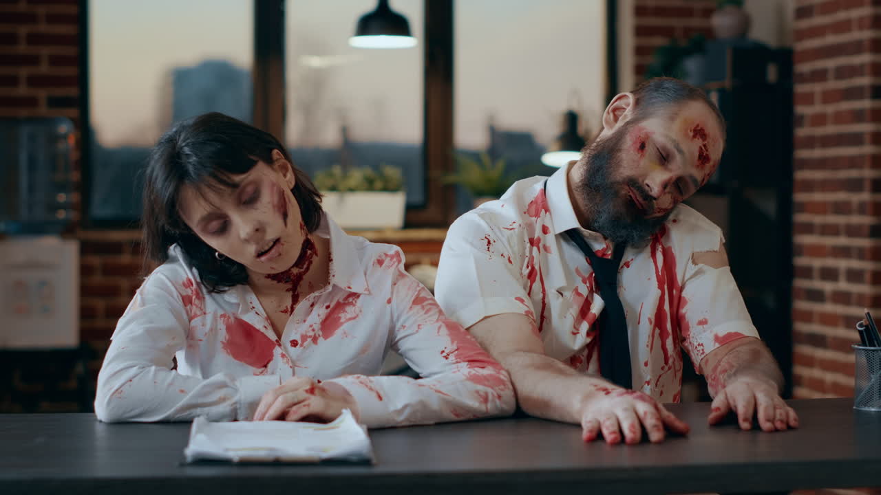 Mindless brain-eating office zombies sitting at desk while waving hands at camera