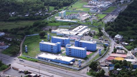 large, modern jail with four prison buildings, aerial orbit, dominican republic