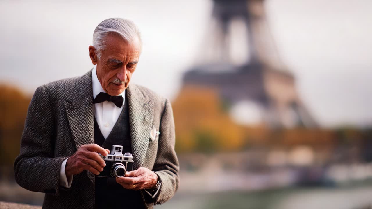 A Thoughtful Portrait of an Elderly Man Holding a Classic Camera Against a Scenic Background, Capturing Moments of Nostalgia and Reflection in a Timeless Setting