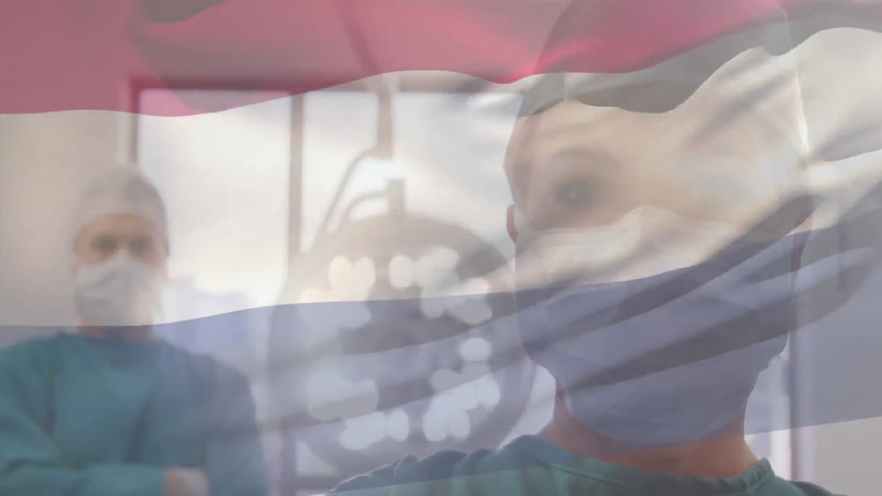 수술실에서 외과 의사 들 위 에 흔들리는 네덜란드 의  ⁇ 발 의 애니메이션