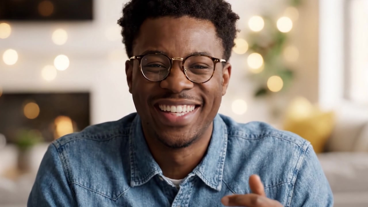 Um jovem alegre com camisa jeans interage com a câmera, exibindo um sorriso genuíno e um comportamento envolvente, ambientado em um espaço aconchegante e bem iluminado, repleto de luzes bokeh suaves